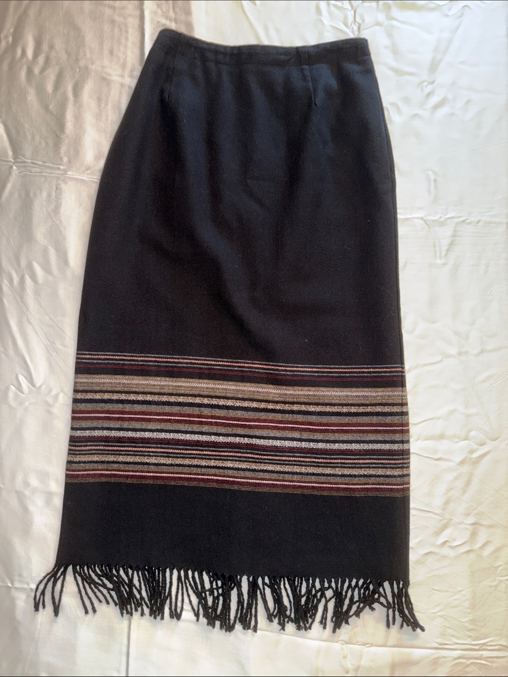 Western Style Wool Maxi Skirt with Multicolor Stripes and Fringe